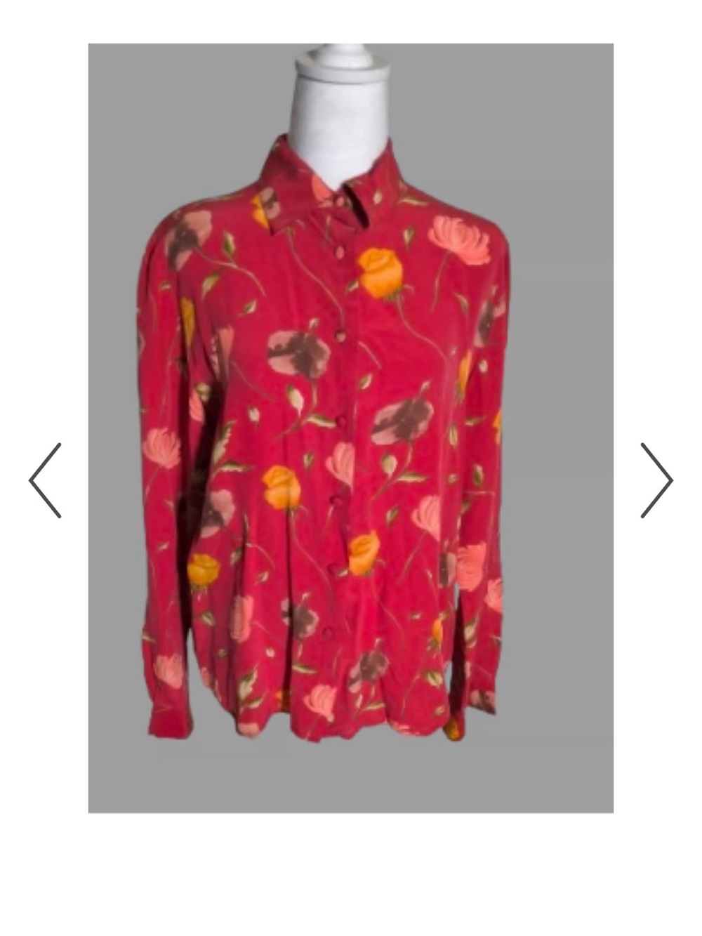 Silk Vintage Womens Red Floral Button-Up Blouse